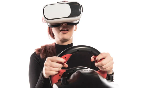 Junge Frau Mit Headset Und Virtual Reality Brille Isoliert Auf — Stockfoto