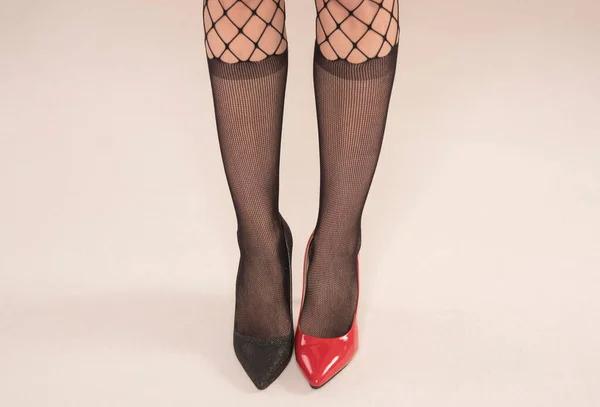Female Legs Black Leather Shoes Stockings White Background — Stock Photo, Image