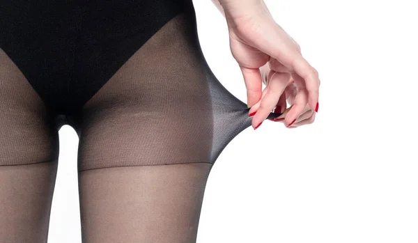 Женские Ноги Черными Чулками Белом Фоне — стоковое фото