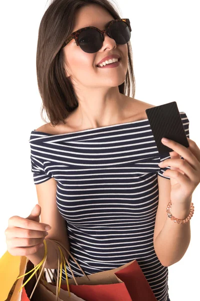 Retrato Jovem Feliz Sorrindo Menina Bonita Roupas Listradas Com Sacos — Fotografia de Stock