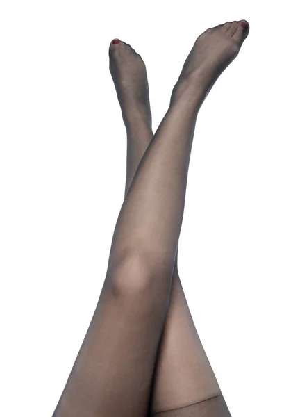 Женские Ноги Черных Колготках Белом Фоне — стоковое фото