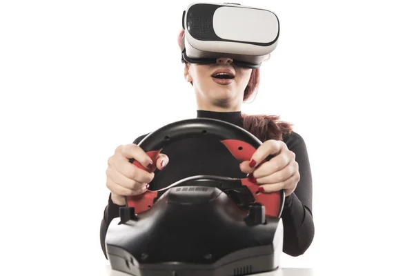 Junge Frau Mit Virtual Reality Headset Und Brille Isoliert Auf — Stockfoto