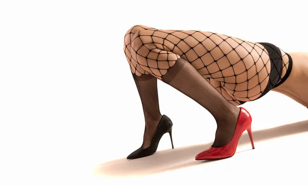 Красивые Ноги Женщины Чулках Белом Фоне — стоковое фото