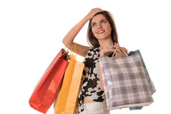 Junge Frau Mit Einkaufstaschen Isoliert Auf Weiß — Stockfoto