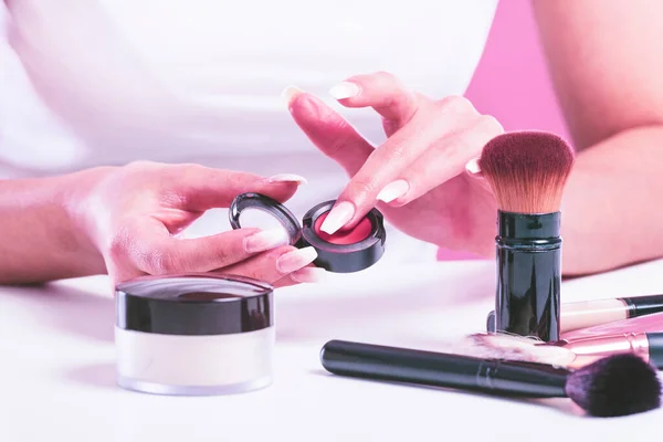 Woman Applying Makeup Brush White Background — Stock Photo, Image