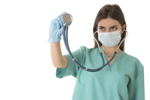 Jovem Médico Com Estetoscópio Camisa Branca Isolado Fundo Leve — Fotografia de Stock