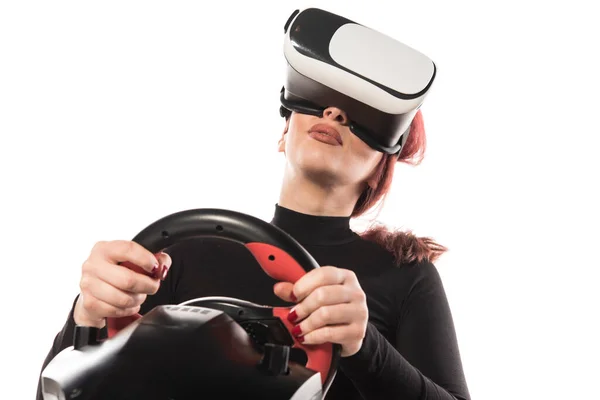 Junge Frau Mit Virtual Reality Headset Und Brille Auf Weißem — Stockfoto