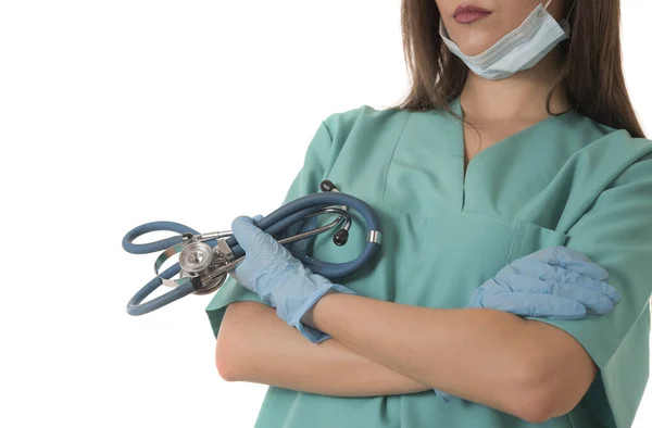 Ženský Lékař Stetoskopem Injekční Stříkačkou Bílém Pozadí — Stock fotografie