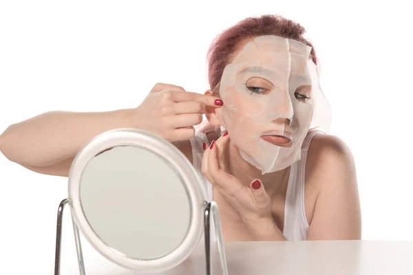 Beautiful Woman Makeup Brush Mirror White Background — Stock Photo, Image