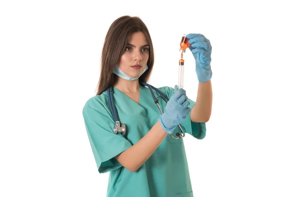 Jeune Femme Médecin Avec Seringue Stéthoscope Isolé Sur Fond Blanc — Photo