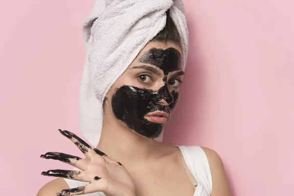 Beautiful Young Woman Mask Face Towel Her Head — Stock Photo, Image