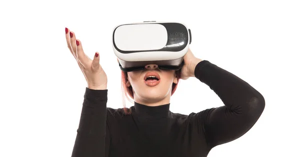 Junge Frau Mit Virtual Reality Headset Isoliert Auf Weißem Hintergrund — Stockfoto