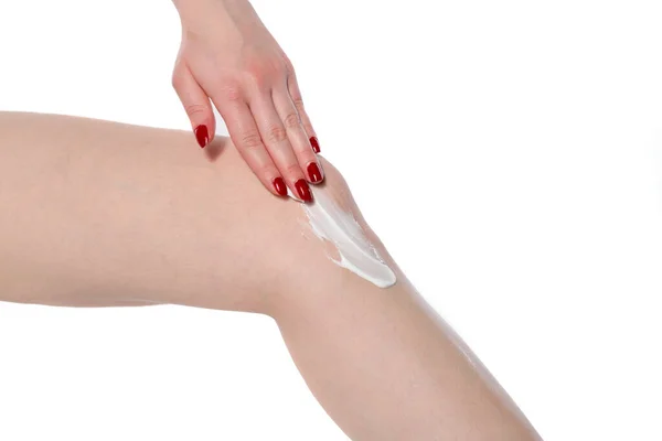 Woman Applying Cream Her Hand Isolated White Background — Stock Photo, Image