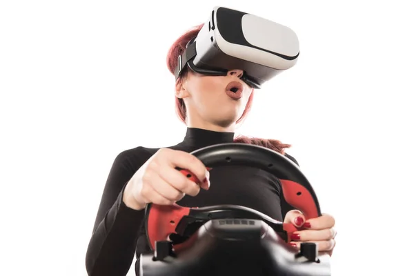 Junger Mann Mit Headset Und Virtual Reality Brille Auf Weißem — Stockfoto