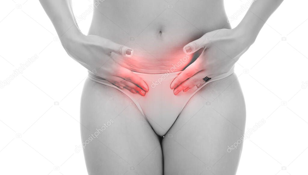 woman suffering from back pain, isolated on white background