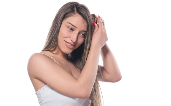 Belle Jeune Femme Aux Cheveux Longs Sur Fond Blanc — Photo