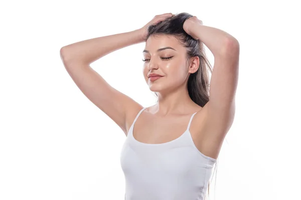 Young Beautiful Woman Long Hair Closed Eyes Isolated White Background — Stock Photo, Image