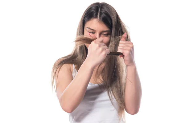 Joven Hermosa Chica Con Pelo Largo Una Camiseta Blanca Vestido —  Fotos de Stock