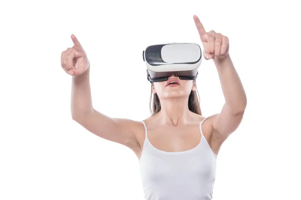 Mulher Usando Headset Óculos Realidade Virtual Isolado Fundo Branco — Fotografia de Stock