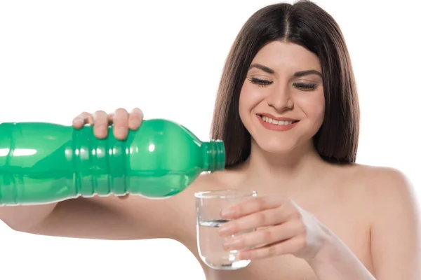 Młoda Kobieta Butelką Wody Białym Tle — Zdjęcie stockowe