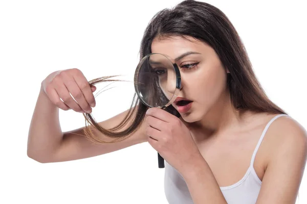 Mujer Con Lupa Aislada Sobre Fondo Blanco — Foto de Stock