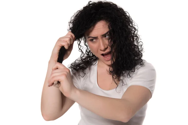 Giovane Donna Con Capelli Ricci Isolata Sfondo Bianco — Foto Stock