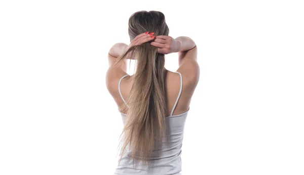 Junge Schöne Frau Mit Langen Haaren Und Weißem Shirt Und — Stockfoto