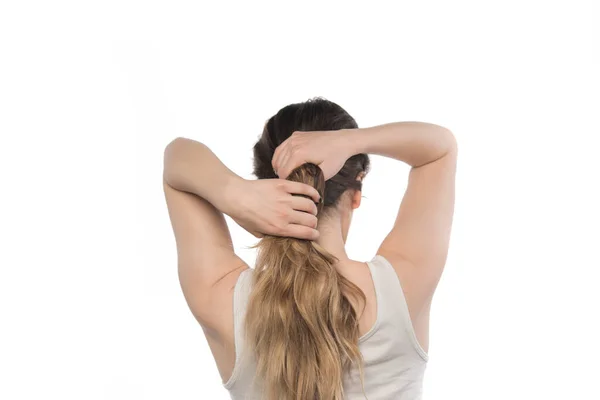 Žena Dlouhými Vlasy Svém Těle Izolované Bílém Pozadí — Stock fotografie