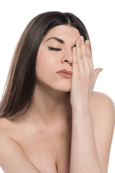 Bela Jovem Mulher Com Cabelos Longos Fundo Branco — Fotografia de Stock