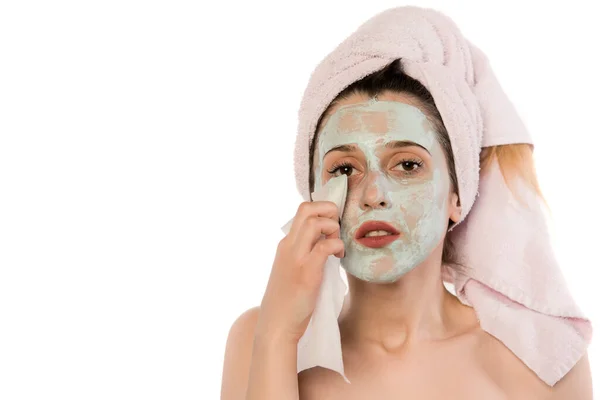 Mujer Joven Con Mascarilla Facial Cara Aplicando Crema Cosmética Cabeza — Foto de Stock