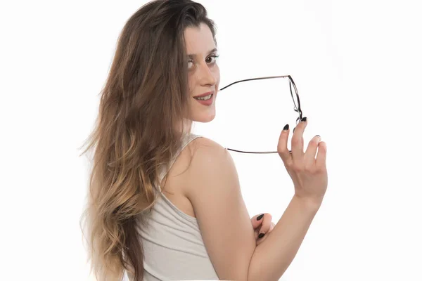 Joven Bonita Mujer Con Gafas Sol Gafas Sol Sobre Fondo —  Fotos de Stock