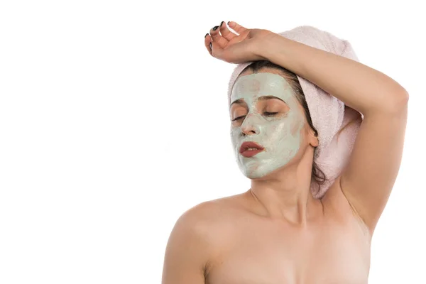 Mooie Vrouw Met Gezichtsmasker Haar Gezicht Geïsoleerd Wit — Stockfoto