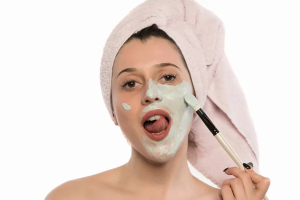 Young Woman Mask Face Applying Facial Cream — Stock Photo, Image