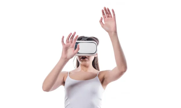 Mulher Jovem Com Fone Ouvido Realidade Virtual — Fotografia de Stock