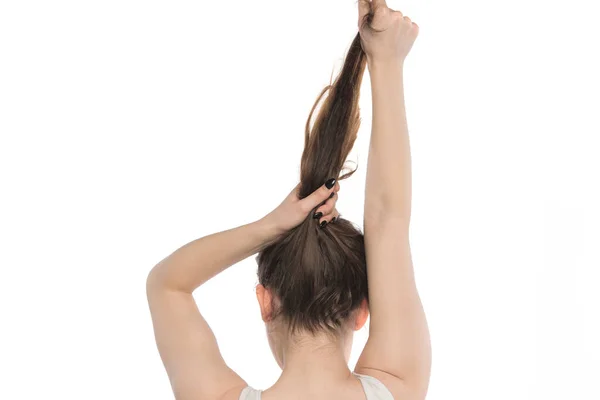 Jovem Roupa Interior Seu Cabelo Isolado Fundo Branco — Fotografia de Stock