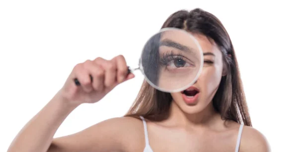 Jonge Vrouw Met Vergrootglas Witte Achtergrond — Stockfoto