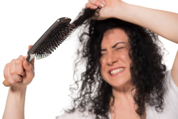 Jeune Femme Aux Cheveux Bouclés Peigne — Photo