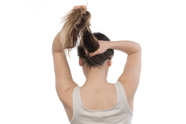 Mulher Com Dor Cabelo Isolado Branco — Fotografia de Stock