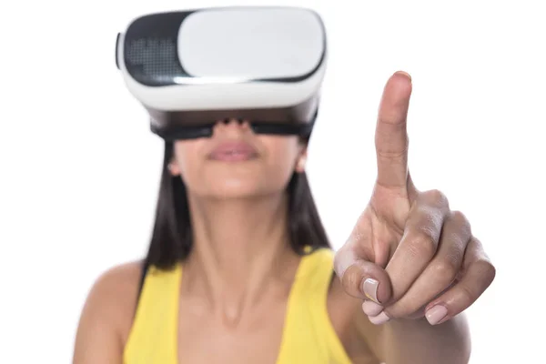 Mulher Com Fone Ouvido Óculos Realidade Virtual Fundo Branco — Fotografia de Stock