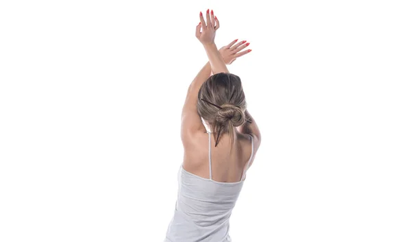 Jeune Femme Faisant Des Exercices Yoga Sur Fond Blanc — Photo