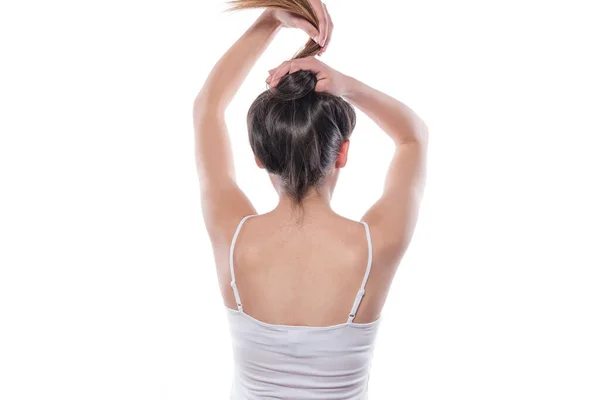 Jeune Femme Aux Cheveux Longs Isolée Sur Fond Blanc — Photo