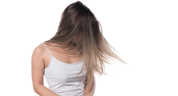 Schöne Junge Frau Mit Langen Haaren Auf Weißem Hintergrund — Stockfoto