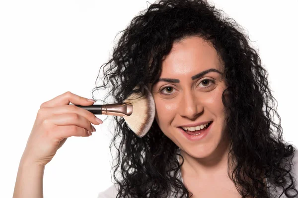 Beautiful Young Woman Makeup Brush White Background — Stock Photo, Image