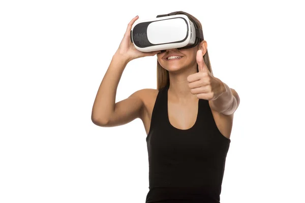 Mujer Con Auriculares Realidad Virtual Gafas Sobre Fondo Blanco —  Fotos de Stock