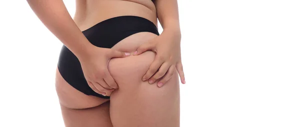 Mulher Com Uma Barriga Gorda Fundo Branco — Fotografia de Stock