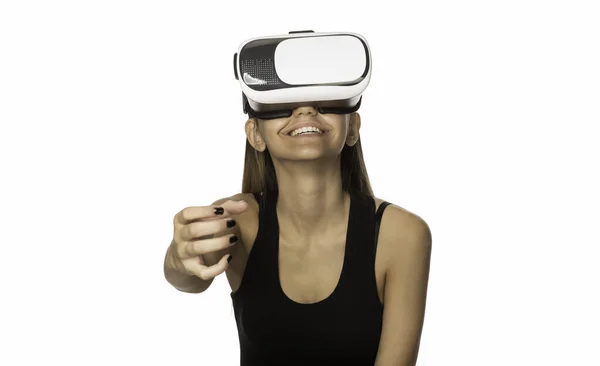 Mulher Com Óculos Fone Ouvido Realidade Virtual — Fotografia de Stock