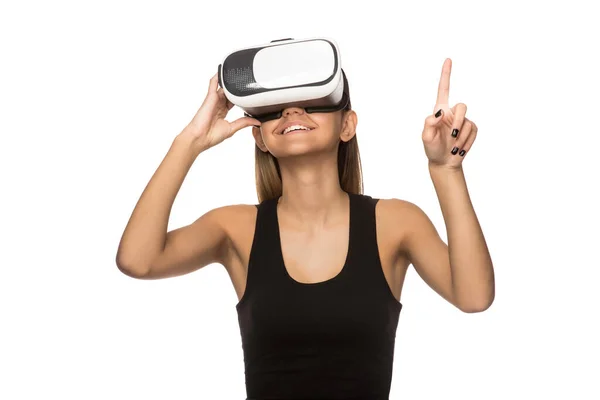 Mulher Usando Fone Ouvido Realidade Virtual — Fotografia de Stock