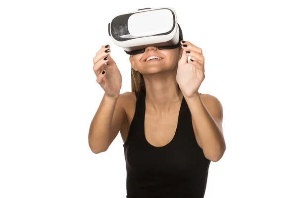 Mujer Con Auriculares Realidad Virtual —  Fotos de Stock