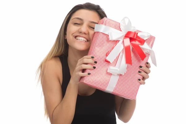 Красивая Молодая Женщина Подарочной Коробкой Подарком — стоковое фото