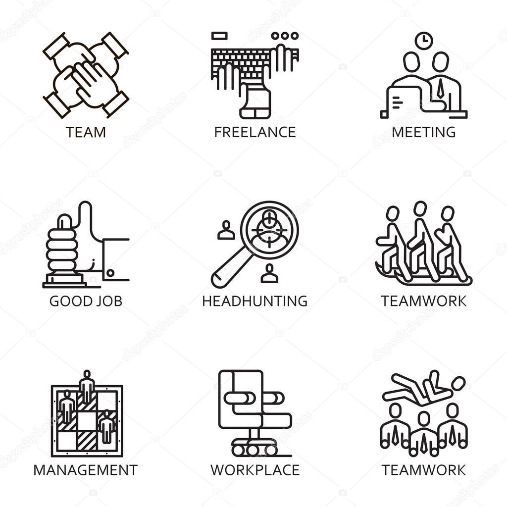 Black flat line vector set icon with a picture of a symbol business process and conducting business on white background.
